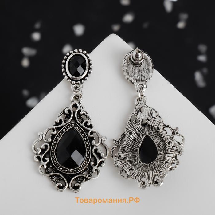 Серьги со стразами «Изящность» ажурная, чёрные в чернёном серебре