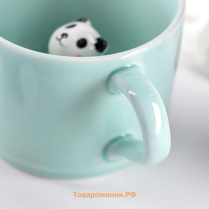 Кружка с фигуркой на дне «Зверята. Панда», 250 мл, 11.5×9×6.5 см, керамика, бирюзовая