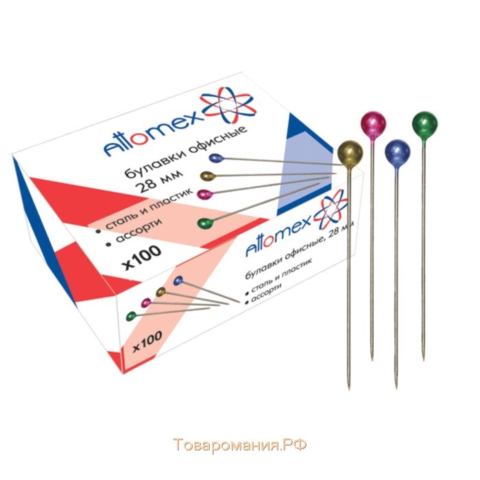 Булавки с цветной головкой, 38 мм, 100 штук, Attomex, картонная коробка