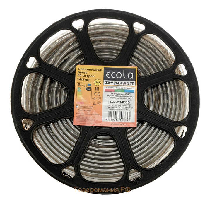 Светодиодная лента Ecola 14 × 7 мм, 50 м, IP68, SMD5050, 60 LED/м, 14.4 Вт/м, 220 В, свечение RGB