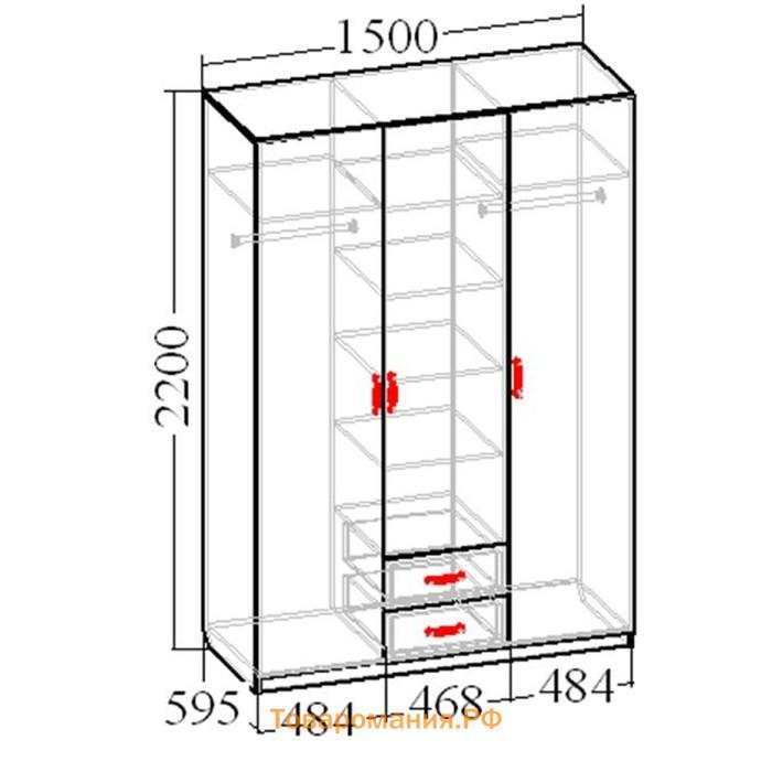 Шкаф 3-х дверный «Венеция 3» с 2-мя ящиками, 1500х595х2200 мм, цвет итальянский орех