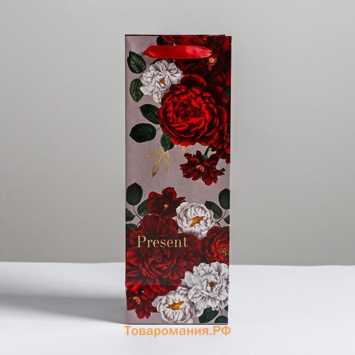 Пакет подарочный ламинированный под бутылку, упаковка, «Flowers», 13 x 36 x 10 см