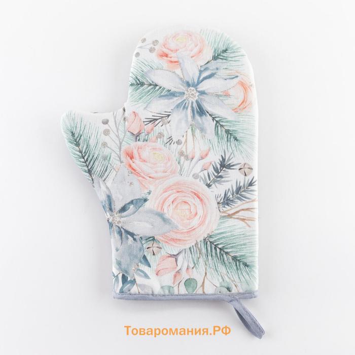 Новый год. Варежка-прихватка "Christmas flowers" 20х27см, саржа, 100% хлопок, ватин 250г/м2