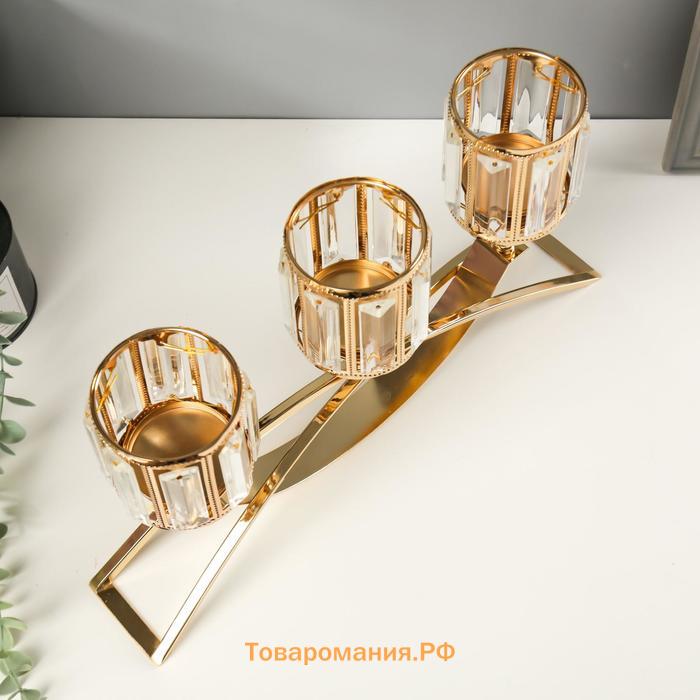 Подсвечник металл, стекло на 3 свечи «Кристаллы: грани», золото, 22.5×41×8 см