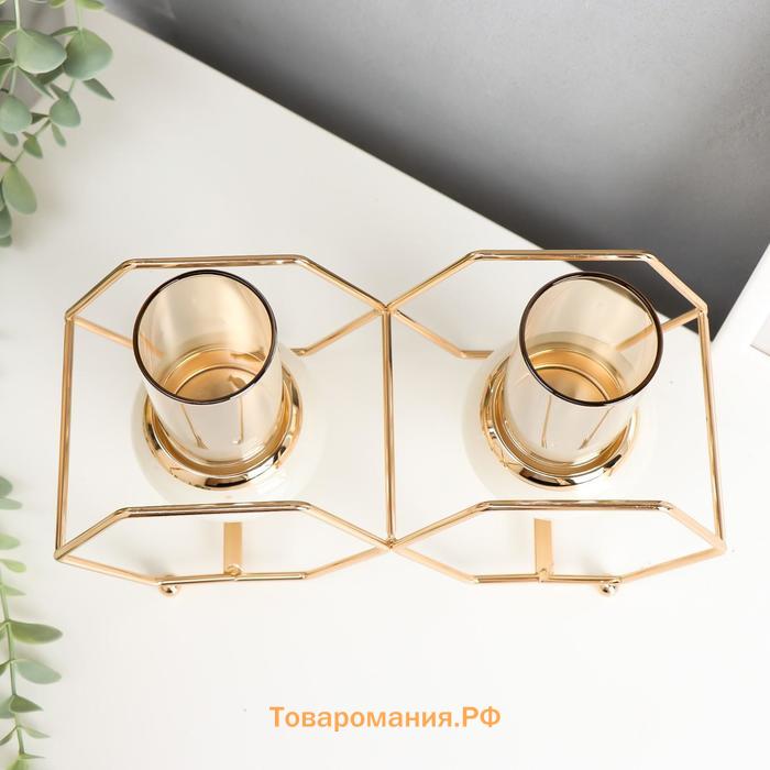 Подсвечник на 2 свечи «Шестигранники», металл, стекло, белый с золотом, 15.5×26.5×10.5 см