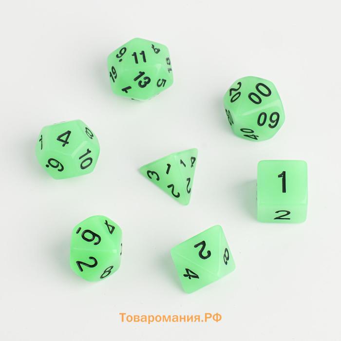 Кости игральные, дайсы для D&D (Dungeons and Dragons, ДнД), D&D, "Сияние", 7 шт, светящиеся