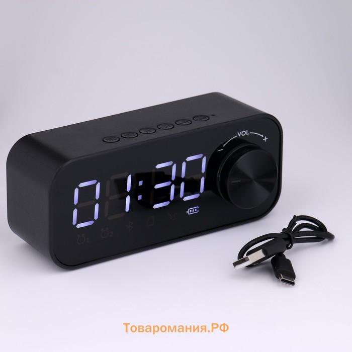 Часы - будильник электронные настольные: колонка, bluetooth, tf-карта, 14.2 х 6 см, USB, чёрные