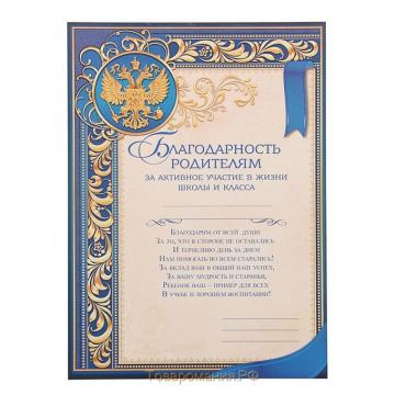 Грамота «Благодарность родителям за активное участие в жизни класса», А4, 157 гр/кв.м.