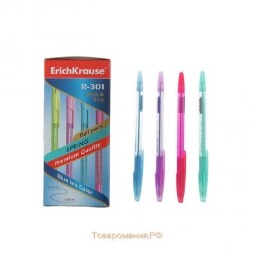 Ручка шариковая ErichKrause R-301 Spring Stick & Grip, узел 0.7 мм, чернила синие, резиновый держатель, длина линии письма 2000 метров,МИКС