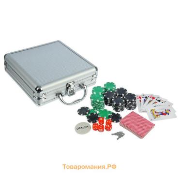Покер, набор в металлическом кейсе (карты 2 колоды, фишки 100 шт. без номинала, 5 кубиков)