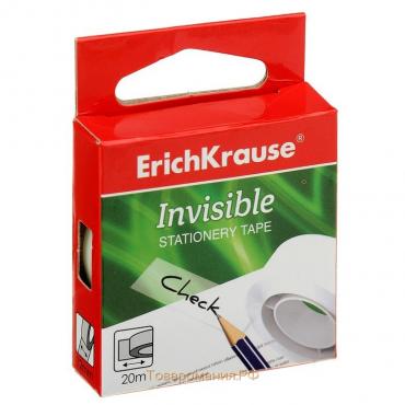 Клейкая лента канцелярская, 12 мм х 20 метра, ErichKrause Invisible, матовая, незаметная, в коробке, с европодвесом