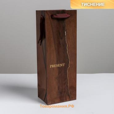 Пакет подарочный ламинированный под бутылку, упаковка, «Wood present», 13 x 36 x 10 см