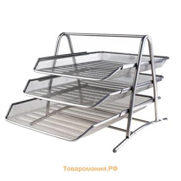Лоток для бумаг горизонтальный, 3 отделения, серая сетка