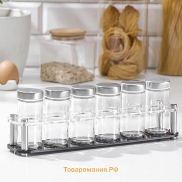 Набор для специй на подставке «Хай-тек», 90 мл, 33×6.7×10.5 см, 4×9.5 см, 6 шт., стекло