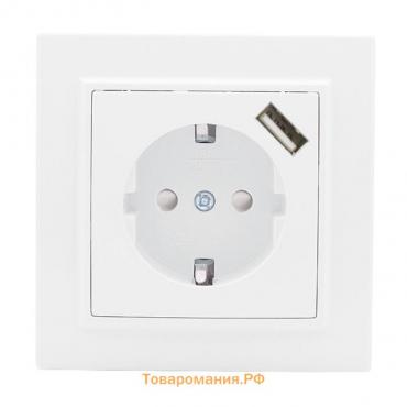 Розетка EKF "Минск", 16 А + USB 1A, одноместная, с з/к, с защитными шторками, белая