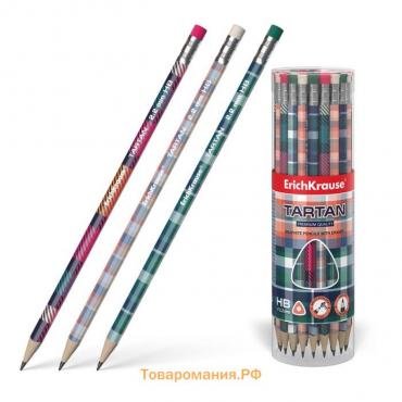 Карандаш чернографитный с ластиком ErichKrause "Tartan", HB, грифель d=2.2 мм, дерево, трeхгранный с принтом, в тубусе, микс