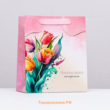 Пакет ламинированный вертикальный «Весенние тюльпаны», 23×27×11.5 см